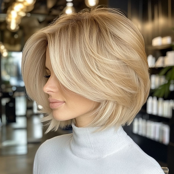 45 Chic Layered Bob Haircuts : Platinum Blonde Voluminous Bob