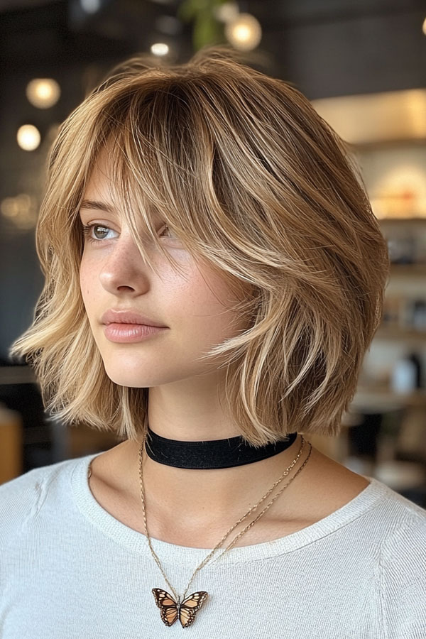 45 Chic Layered Bob Haircuts : Textured Blonde Bob with Feathered Layers