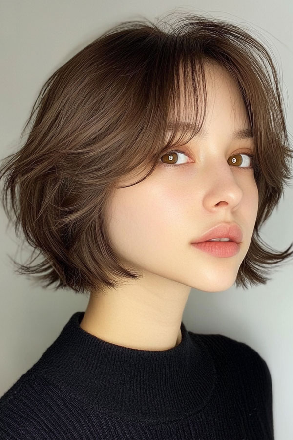 45 Chic Layered Bob Haircuts : Brunette Softly Layered Bob with Wispy Bangs