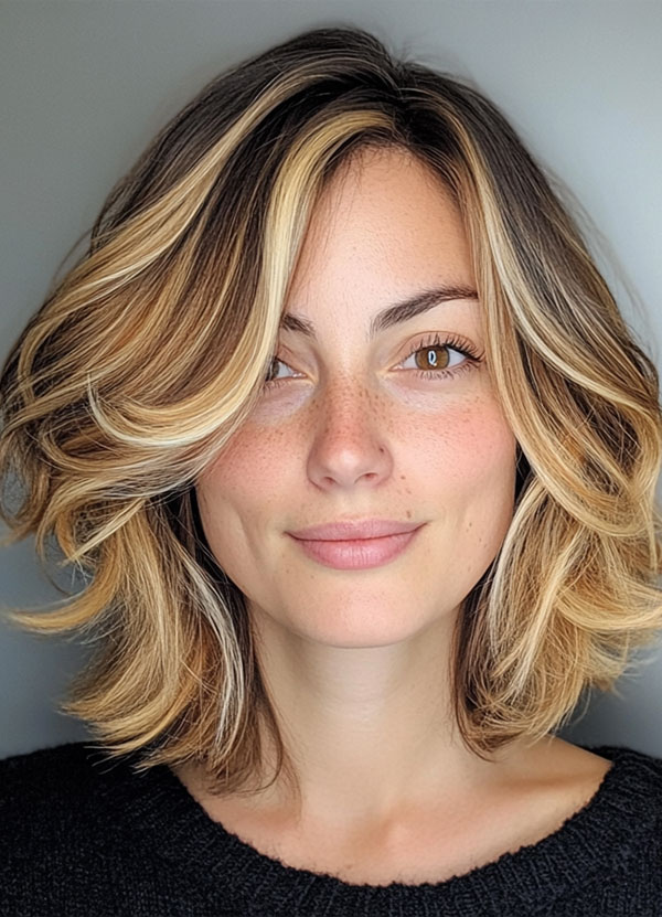 45 Chic Layered Bob Haircuts : Sun-Kissed Wavy Bob