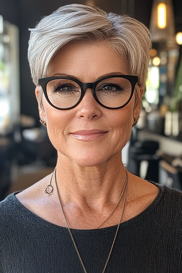 30 Short Haircuts for Women Over 60 with Glasses : Chic Silver Pixie