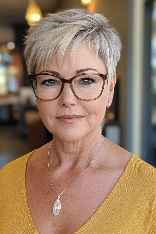 Polished Platinum Pixie, pixie haircut for women over 60, Short Haircut for Women Over 60 with Glasses