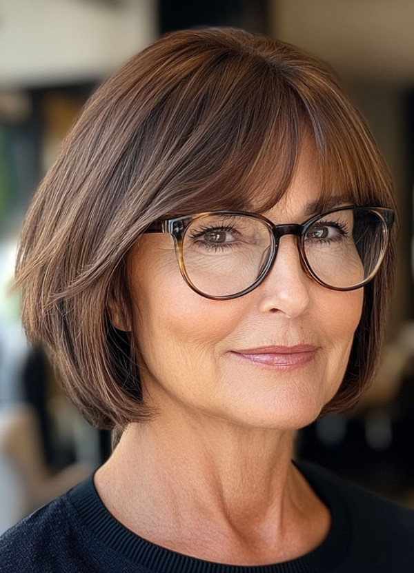 30 Short Haircuts for Women Over 60 with Glasses : Brunette Bob with Bangs