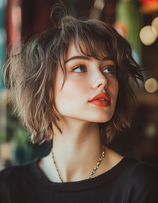 35 Cute Short Hairstyles to Rock : Tousled Bob with Soft Bangs