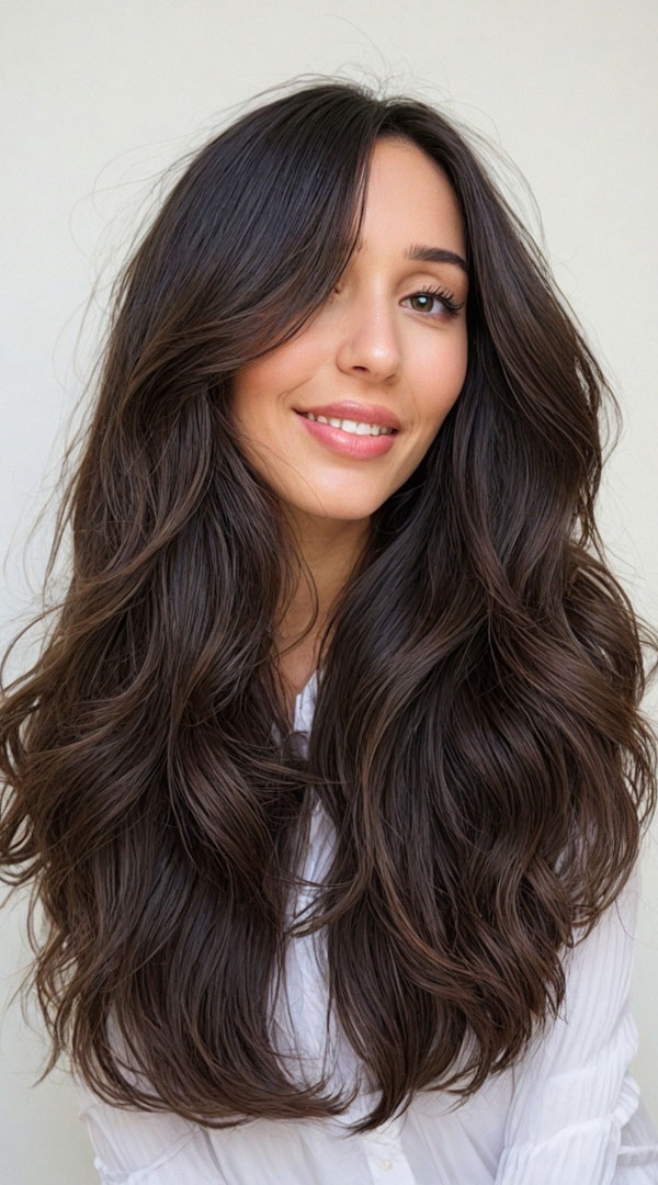 60 Cute Layered Hairstyles For Long Hair : Classic Brunette Flowing Layered Waves