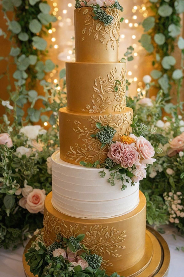 61 Exquisite Wedding Cakes for Every Style: Luxurious Gold and White Wedding Cake