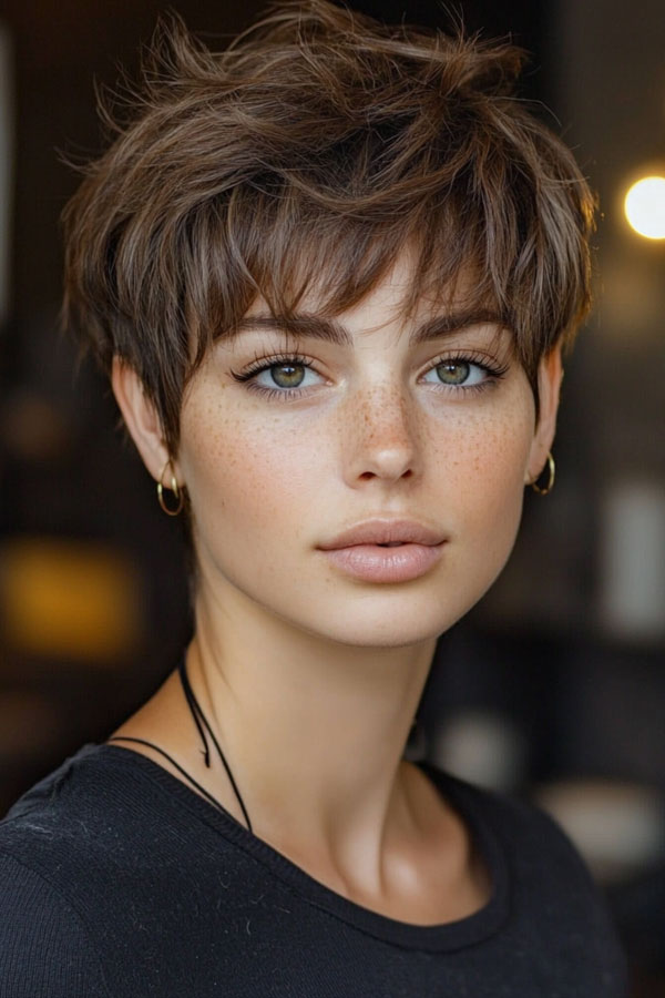 Textured Brunette Pixie with Layered Bangs, Cute Short Hairstyle, short haircut