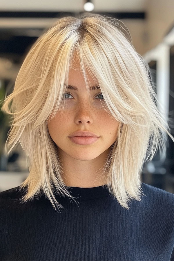 40 Trendsetting Tousled Layers : Platinum Blonde with Soft Curtain Bangs