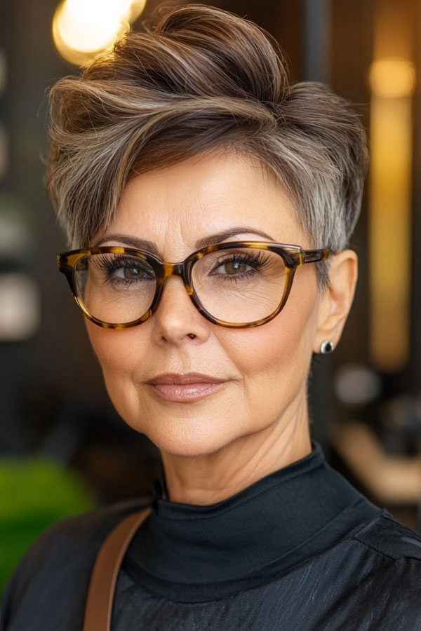 Sleek Salt and Pepper Pixie, Short Haircut for Women Over 60 with Glasses