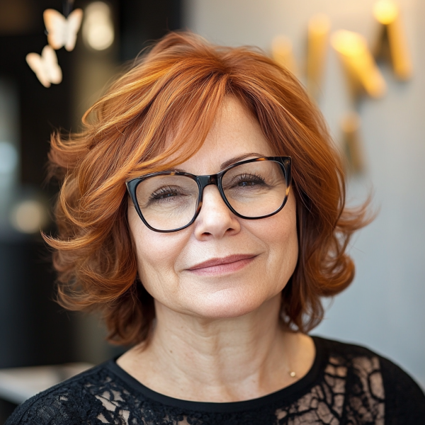 20 Medium-Length Haircuts for Women Over 60 with Glasses : Fiery Auburn Layers