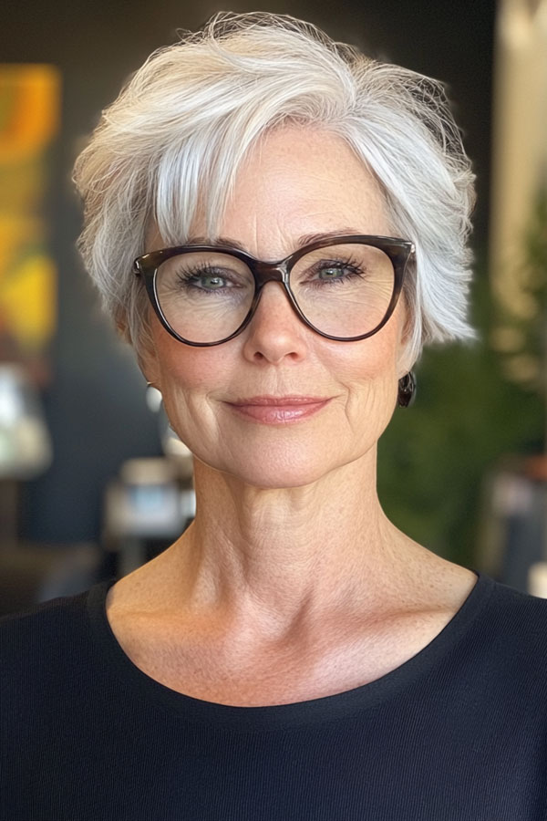 30 Short Haircuts for Women Over 60 with Glasses : Sleek White Pixie