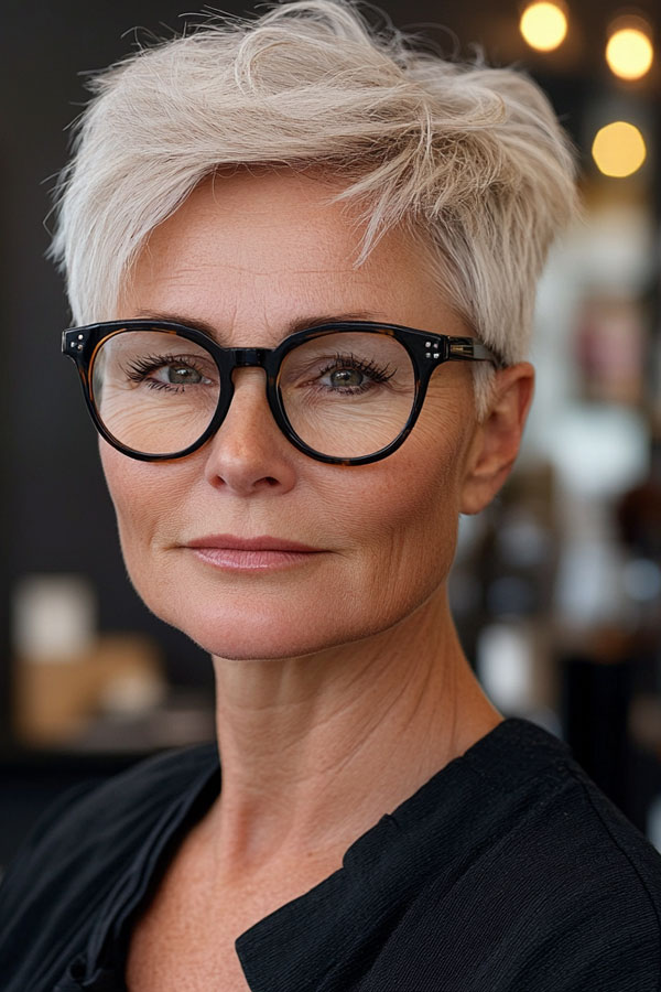 30 Short Haircuts for Women Over 60 with Glasses : Edgy Platinum Pixie