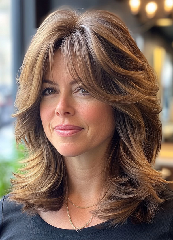 35 Layered Haircuts for Women Over 40 : Layered Volume with Subtle Highlights