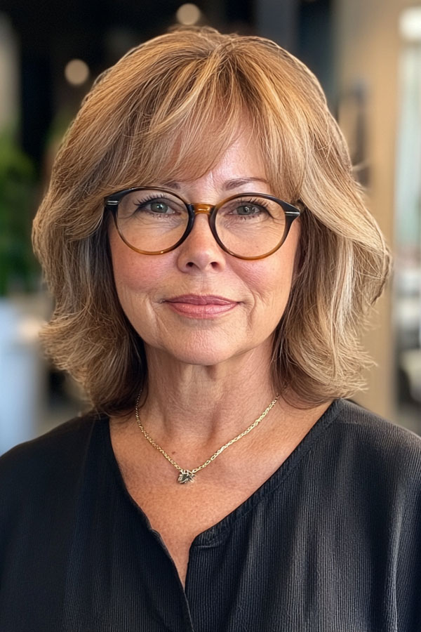 20 Medium-Length Haircuts for Women Over 60 with Glasses : Warm Honey Blonde Layered Bob