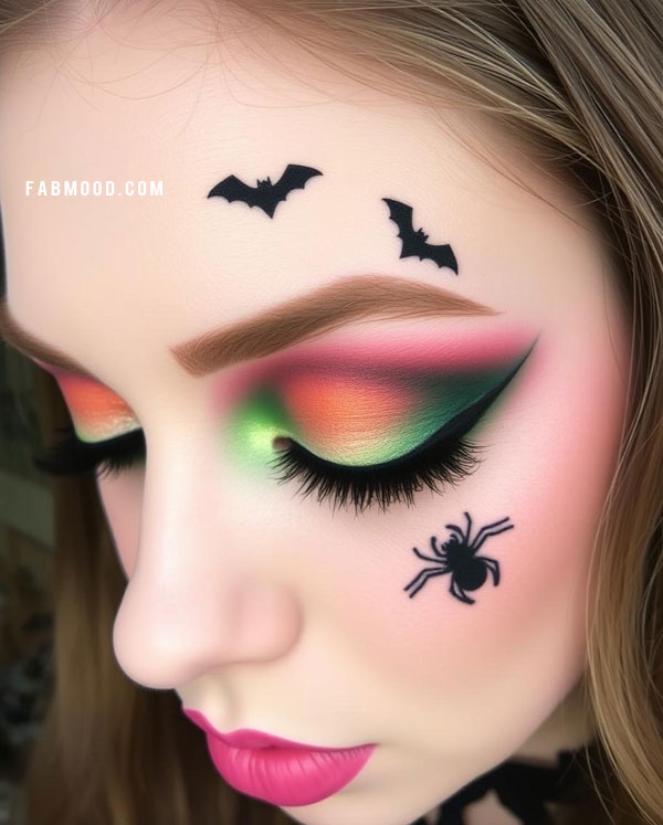 100 Halloween Makeup Looks : Colourful Halloween Makeup with Bat and Spider Accents