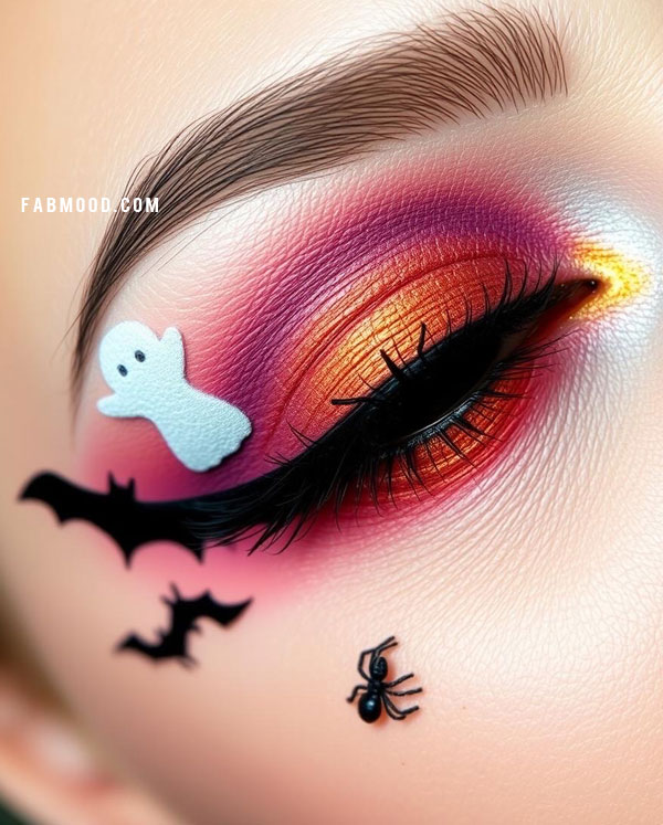 Spooky Halloween Eye Makeup with Ghost and Bat Accents, Halloween Makeup Look, spooky halloween makeup inspirations, Halloween makeup eye makeup