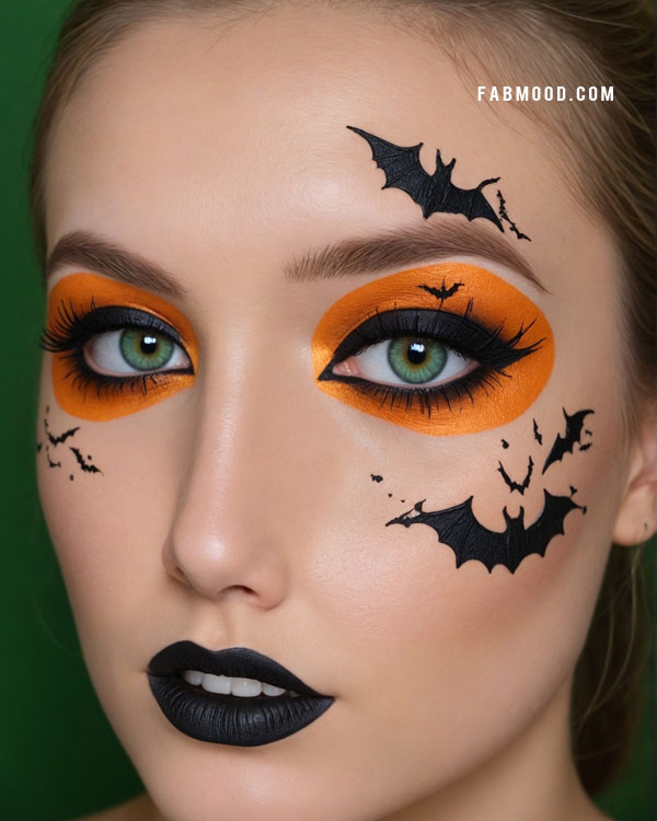 100 Halloween Makeup Looks : Bold Halloween Makeup with Pumpkin Orange and Bat Accents