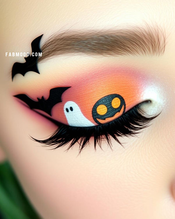 100 Halloween Makeup Looks : Playful Halloween Eye Makeup with Ghost and Pumpkin Details