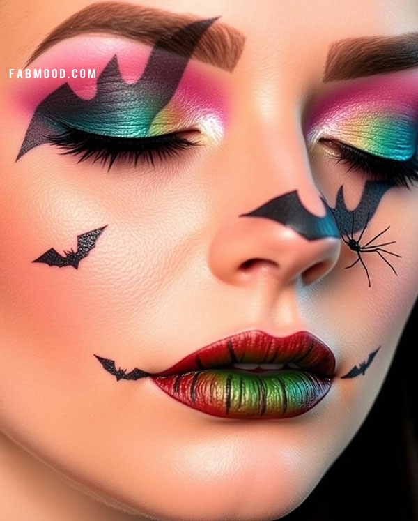 100 Halloween Makeup Looks : Spooky Rainbow Bat Makeup