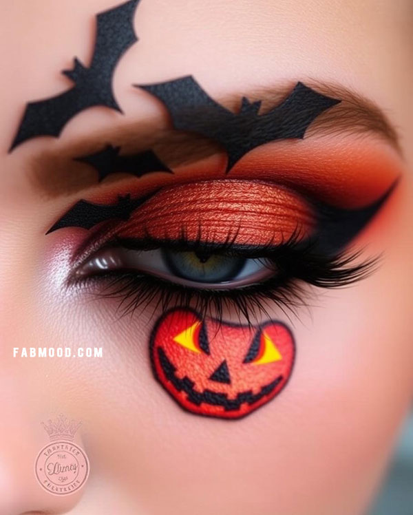 100 Halloween Makeup Looks : Fiery Pumpkin & Bat Glam