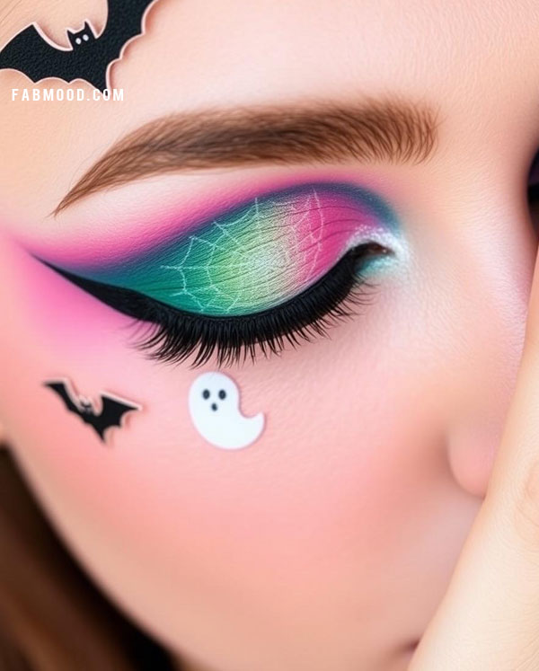 100 Halloween Makeup Looks : Spiderweb Over Vibrant Eyeshadow