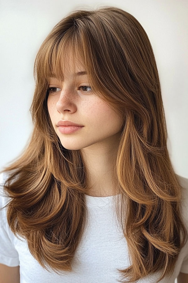 Light Brown Layers with Wispy Bangs, butterfly layered haircut, Cute Layered Hairstyle For Long Hair, long layered haircut