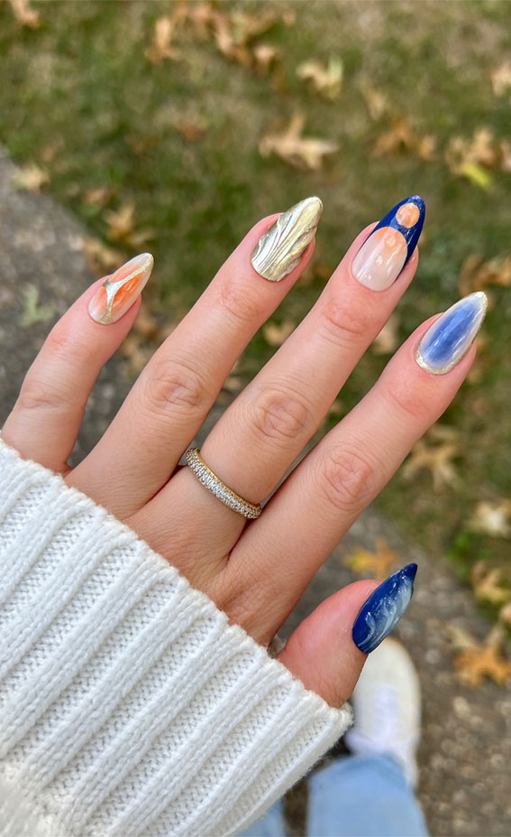 Abstract Autumn Vibes, Trendsetting Autumn Nail Designs, almond nails, fall nail design