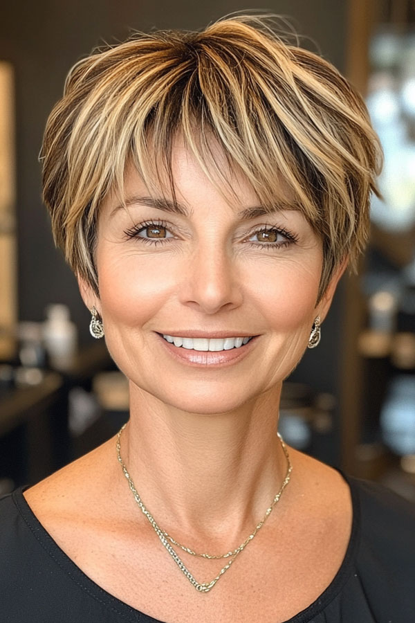 Ash Blonde Highlights with Layered Pixie Cut, pixie hair color idea, pixie haircut, pixie hair color