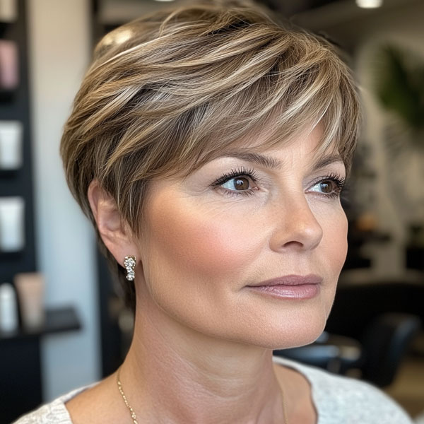 50 Trendy Pixie Haircuts For Women Over 50 : Ash Blonde Layered Pixie