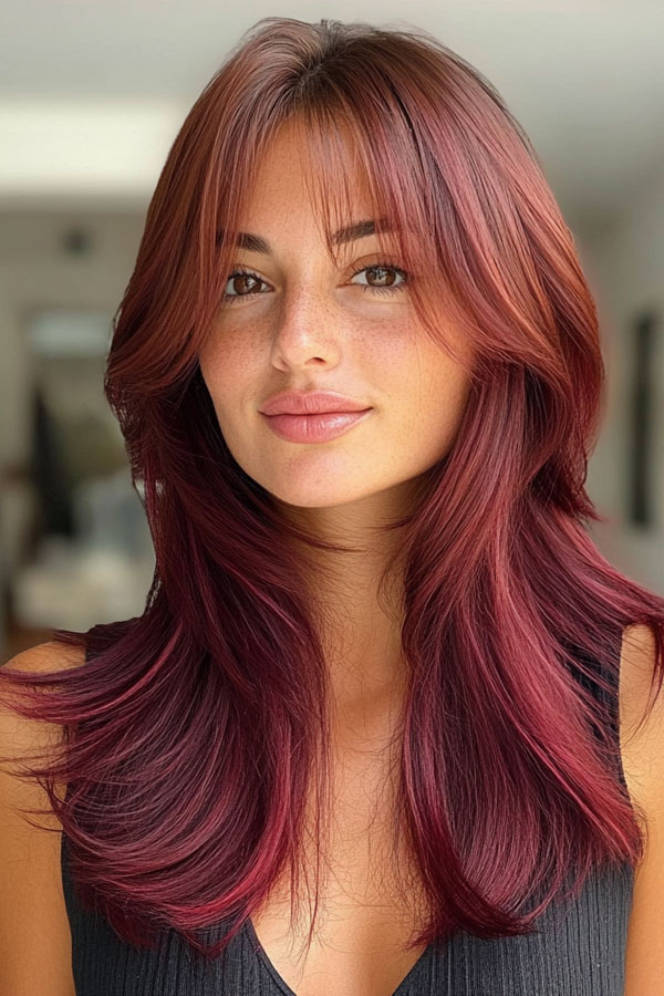 50 Fall Hair Colors to Light Up the Season : Auburn-Plum Layers with Soft Fringe