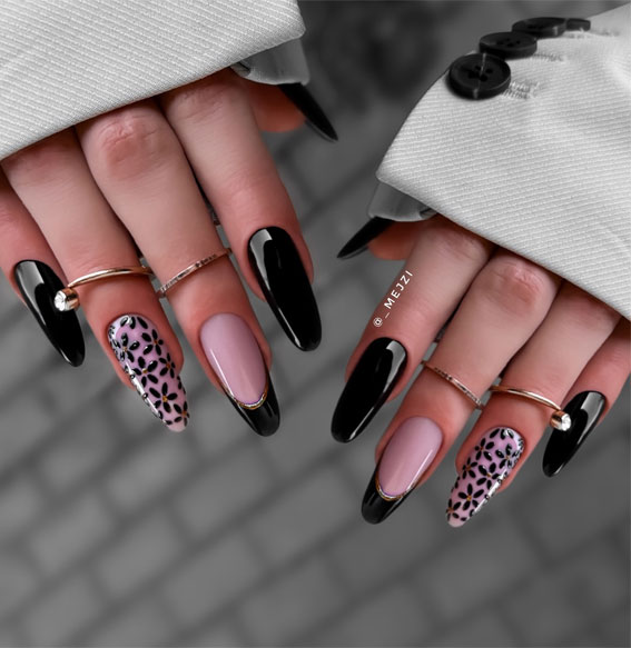 Black and Pink Floral Chic, Trendsetting Autumn Nail Designs, almond nails, fall nail design, mix n match autumn nails