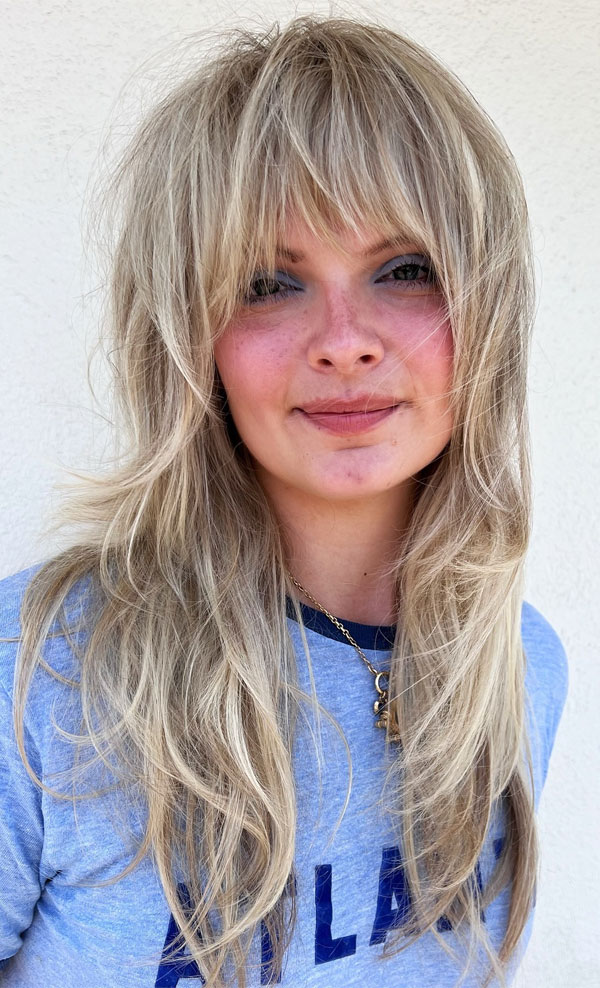 Blonde Layered Shag with Full Fringe, long shaggy haircut with bangs, , effortless long shaggy haircut