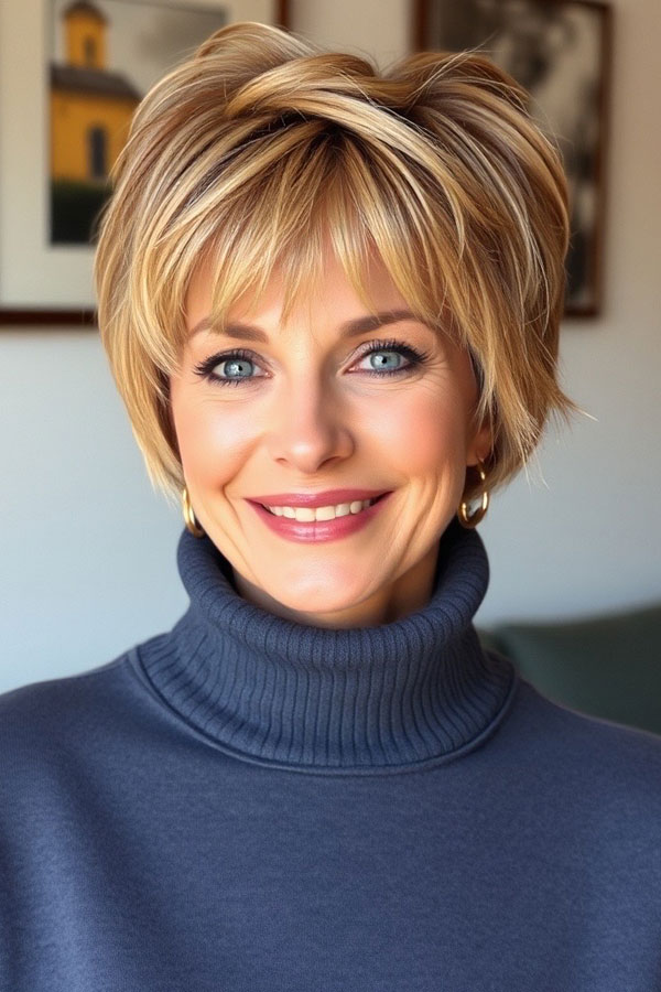 50 Pixie Hair Colour Ideas for Women Over 50 : Blonde Pixie with Feathered Layers and Highlights