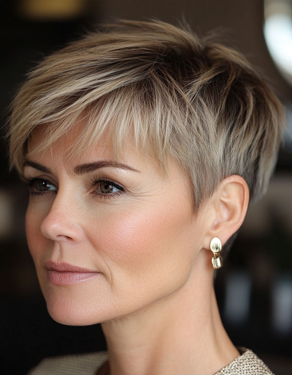 50 Trendy Pixie Haircuts For Women Over 50 : Blonde Wispy Soft Layered Pixie