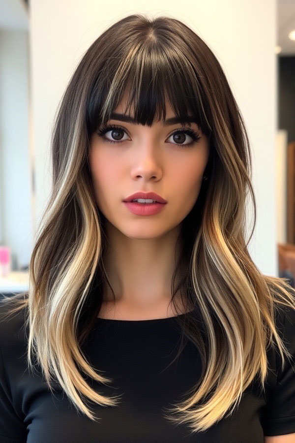 Bold Blonde Face-Framing Highlights, dark hair with blonde highlights, long hair with fringe, fall hair color idea