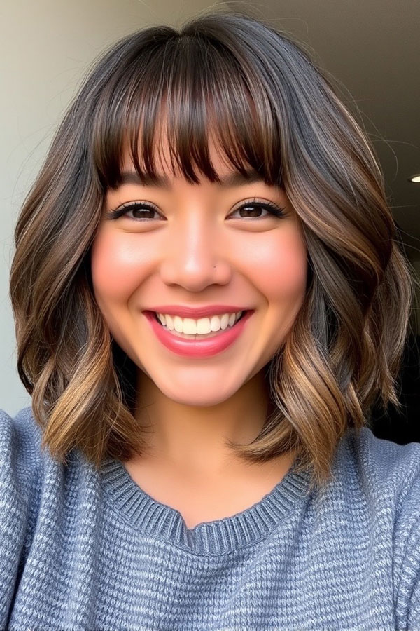 Bright Brunette Waves with Fringe, Wavy Lob Haircut, Long Bob hairstyle