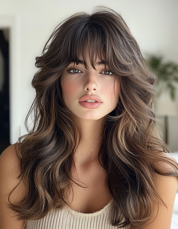 Brown Soft Waves with Curtain Bangs, long layered haircut with curtain bangs, voluminous long layered haircut, long layered hairstyle