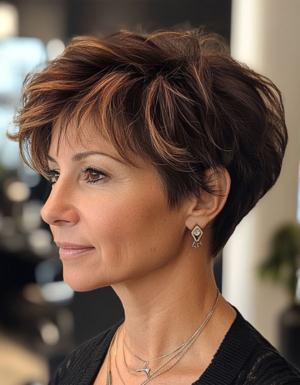 50 Trendy Pixie Haircuts For Women Over 50 : Brunette Choppy Pixie with Caramel Highlights For Women Over 50