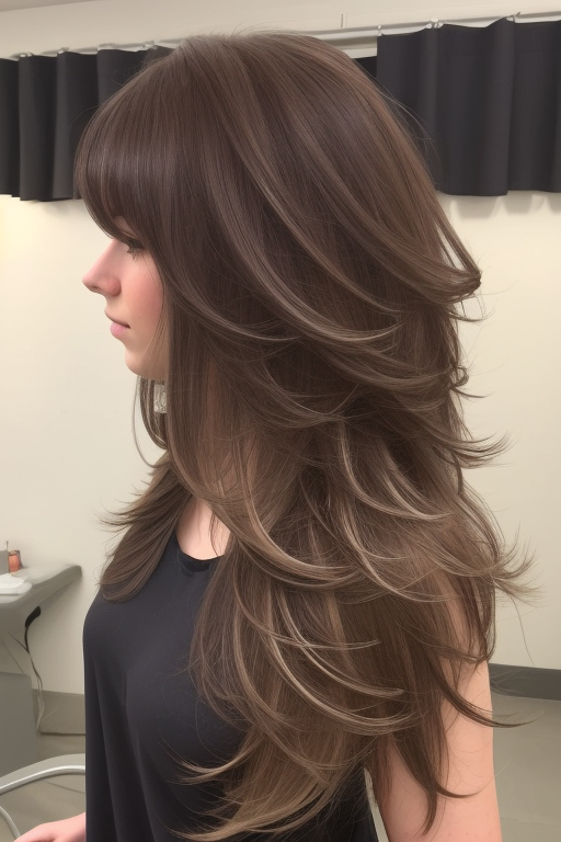 Brunette Layers with a Side Sweep, long layered haircut with curtain bangs, voluminous long layered haircut, long layered hairstyle