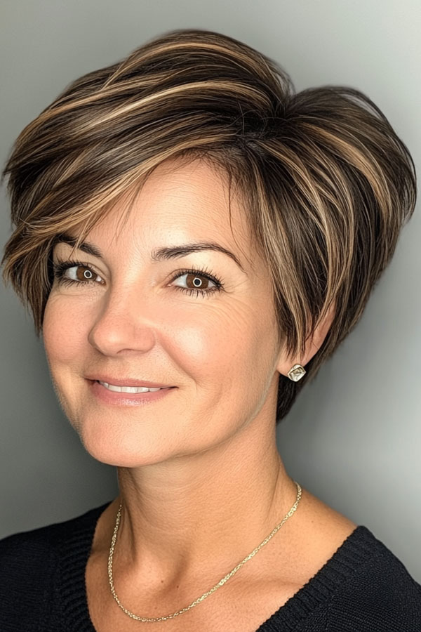 50 Pixie Hair Colour Ideas for Women Over 50 : Brunette Pixie with Bold Blonde Highlights