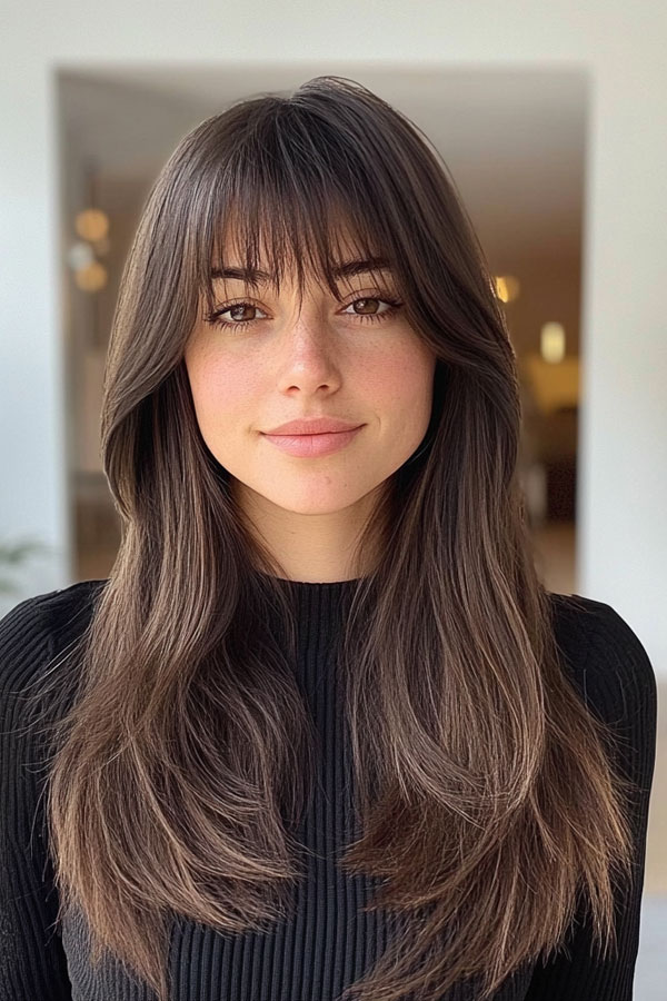 35 Trendy Long Straight Haircuts To Try Now : Brunette Soft Layers with Face-Framing Bangs