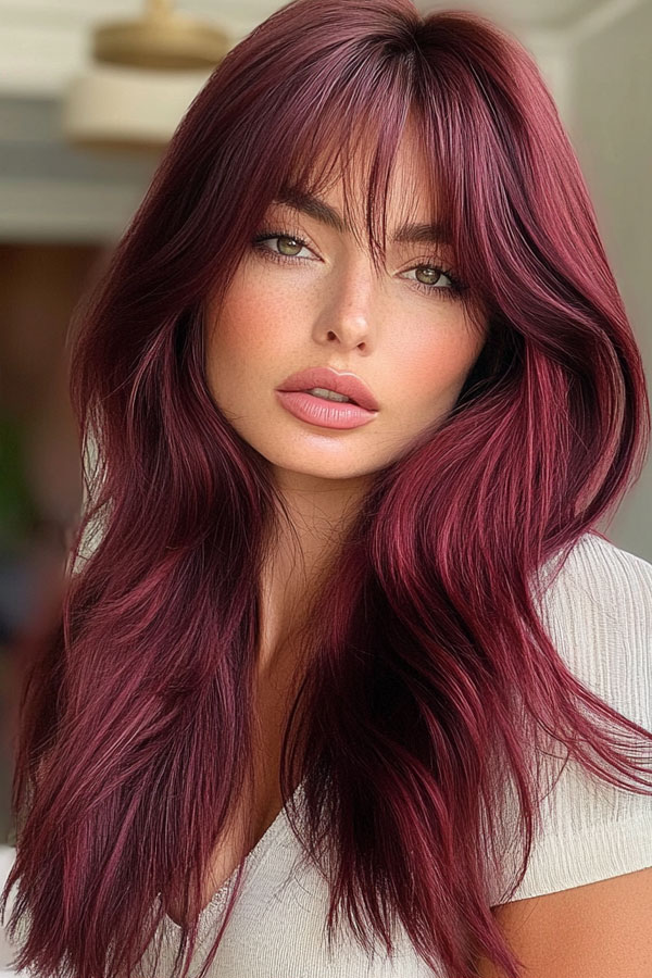 35 Trendy Long Straight Haircuts To Try Now : Burgundy Long Layers with Curtain Bangs