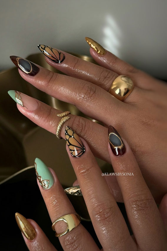 Butterfly Wings and Metallic Elegance, Autumn Nail Designs, almond nails, fall nail design, mix n match autumn nails