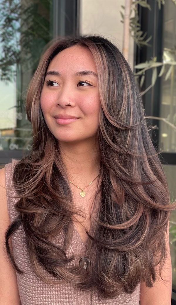 Caramel Blended Layers,  trendsetting Short Layer Cuts on Long Hair, Short Layer Haircuts on Long Hair, layered haircut, short layered haircut on long hair