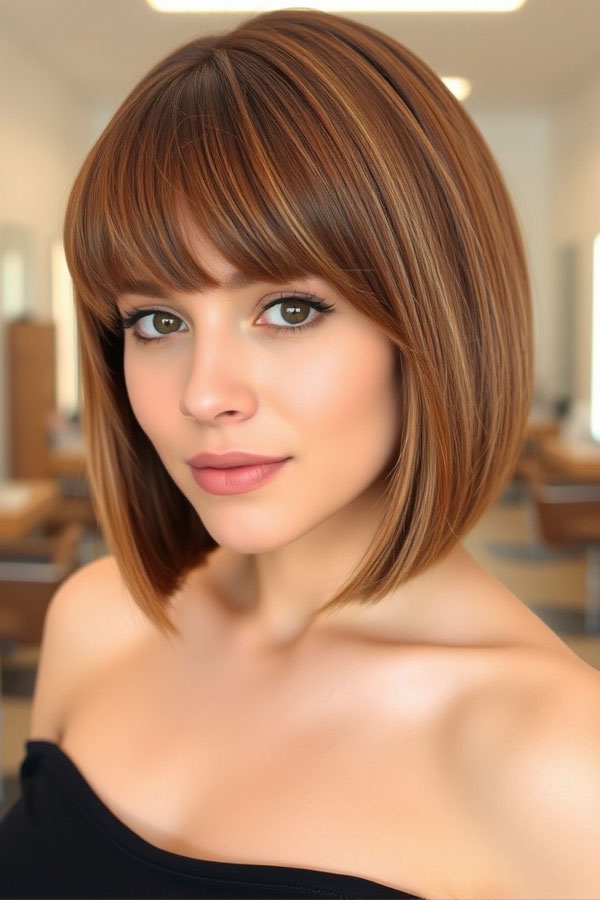 Caramel Bob with Bangs, Gorgeous Hair Colours for the Fall Season, autumn hair colour, fall hair color