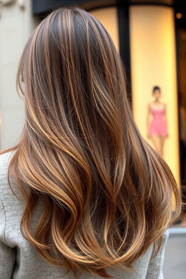 53 Gorgeous Hair Colours for the Fall Season : Caramel Highlights with Soft Layers