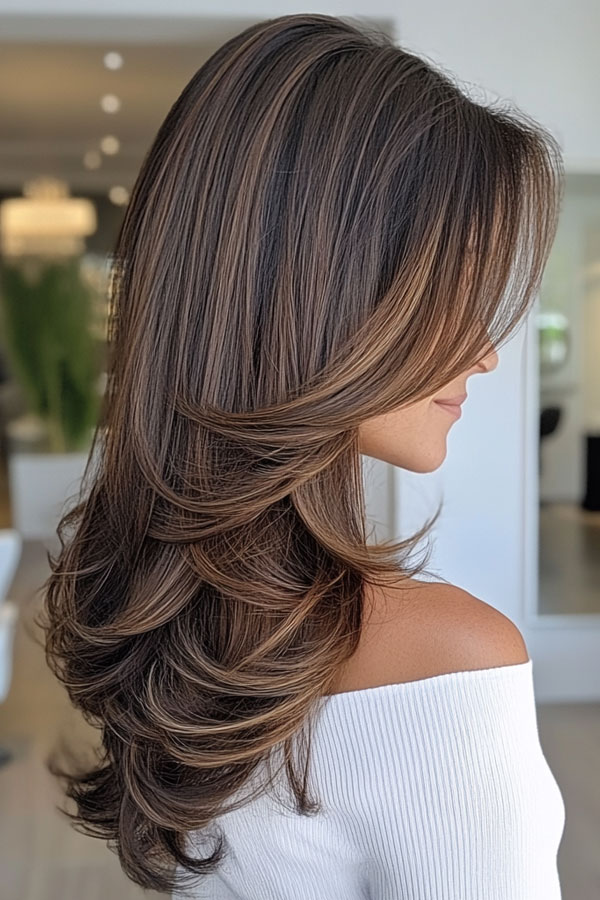 Caramel Layered Elegance, trendsetting Short Layer Cuts on Long Hair, Short Layer Haircuts on Long Hair, layered haircut, short layered haircut on long hair