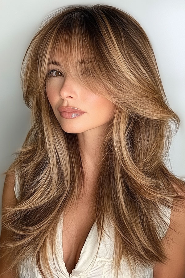 35 Trendy Long Straight Haircuts To Try Now : Caramel Layers with Face-Framing Bangs