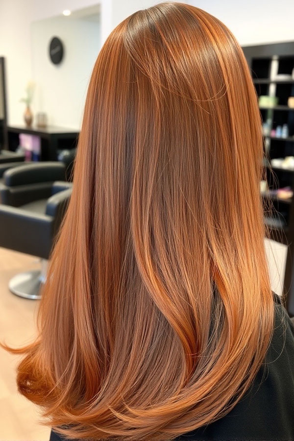 25 Cute Pumpkin Hair Colour Ideas for Fall : Caramel Pumpkin Blend Long Hair