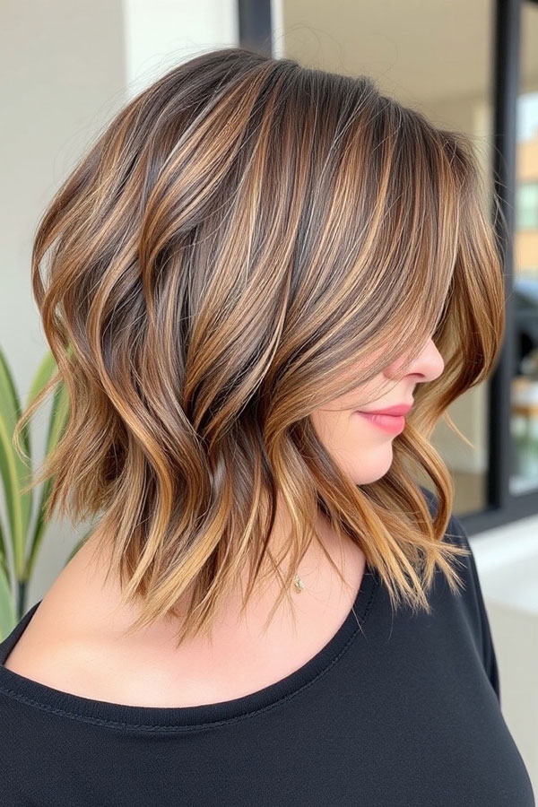 Caramel-Touched Wavy Lob, Wavy Lob Haircut, Long Bob hairstyle